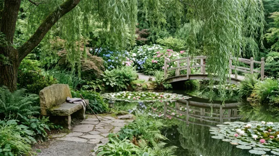 Stone bench overlooking ornamental pond with water lilies and garden bridge, weeping willow branches framing the scene, peaceful water reflections, lush hydrangea blooms