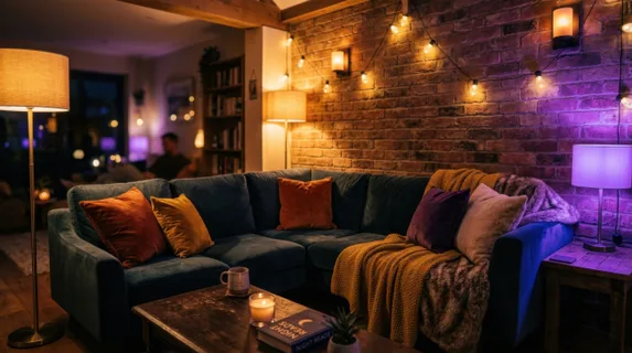 Cozy lounge corner illuminated by warm amber uplighting and cool purple accent lamps, velvet cushions and throws catching soft light, string lights and smart RGB bulbs