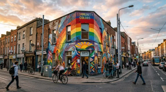 Wide cityscape view of multicolor street mural integrated into neighborhood landscape, rainbow-painted wall anchoring corner intersection, surrounding buildings, parked