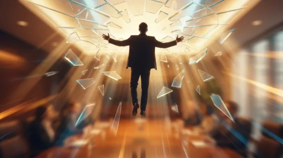 Businessman breaking through a crystalline glass ceiling, arms raised in triumph, shards of glass suspended mid-air catching warm light, ascending upward trajectory
