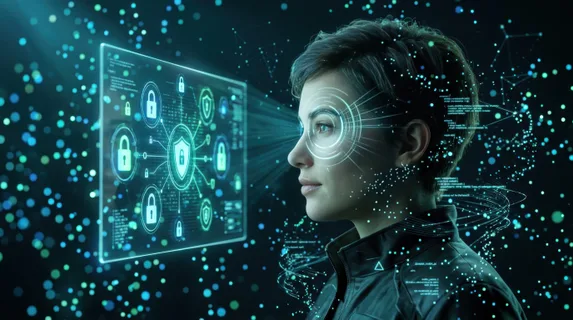 Side profile of a person's face illuminated by gentle blue-green light from a transparent screen displaying lock symbols and shield icons, concentric security rings