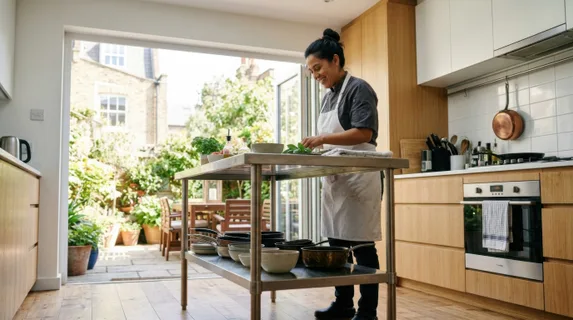 captured from a low angle, the 30-year-old hispanic female chef stands at a sleek kitchen island with the inviting patio visible behind her. the organized workspace