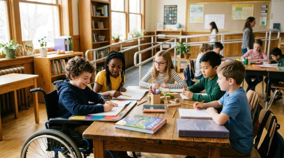 Young student using a wheelchair sits at a wooden desk alongside classmates in a bright, sunlit classroom, all engaged with colorful learning materials and notebooks