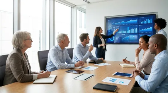 Professional consultant presenting strategic insights to a diverse team around a modern conference table, pointing at digital analytics displayed on a large screen,