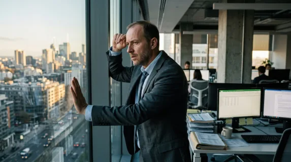 Man standing at a window in a modern office building, hand against glass, staring outward with concerned expression, multiple computer monitors and documents visible