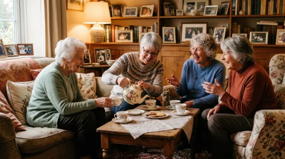 Senior women gathered in a cozy living room having tea together, seated on comfortable furniture with cushions, one woman pouring from a vintage teapot while others chat