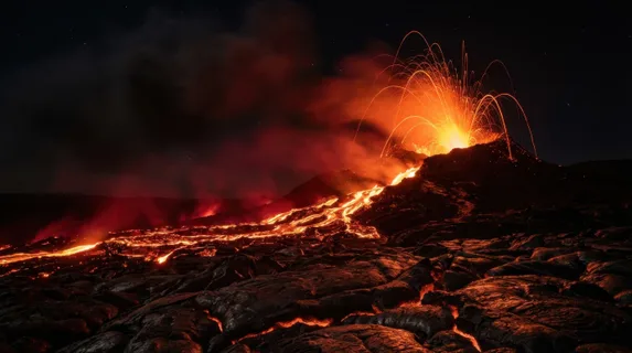 An active volcano erupting at night in Iceland, lava fountains spraying incandescent orange arcs against a coal-black sky, river of glowing lava creeping downslope over charred basalt, steam and