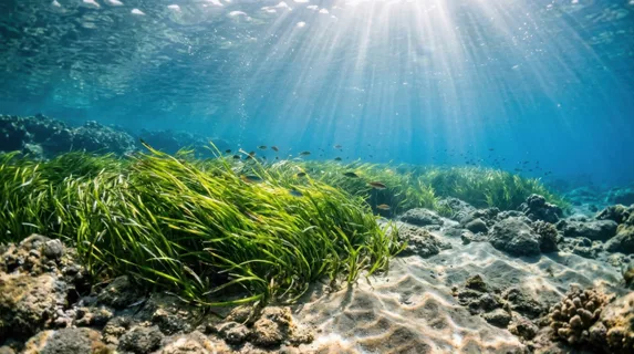 a wide underwater view showcasing vibrant seagrass swaying gently with the current, alive under sunlight filtering through the water's surface. the sandy beige and rocky