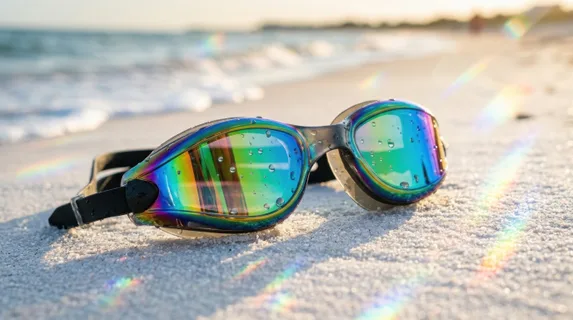 Close-up of vibrant spectrum-tinted goggles resting on white sand, each lens reflecting prismatic light in distinct color bands, rainbow refractions dancing across the