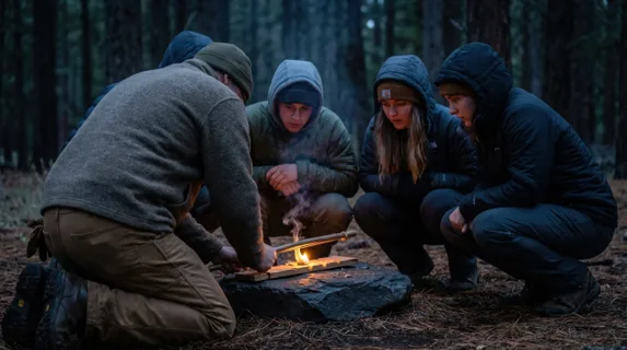 Wilderness survival school fire-making lesson at dusk, instructor demonstrating bow-drill friction fire technique on a flat basalt rock, thin smoke beginning to rise from a dark ember forming in the