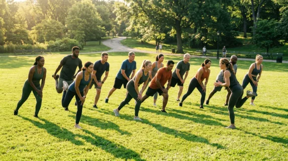 A diverse group of people in athletic wear performing synchronized stretches on a sunny grass field, morning light casting long shadows, trees and park benches visible in