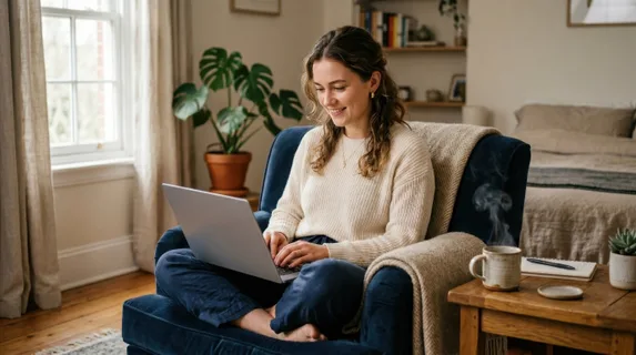 Young professional sitting cross-legged on a plush bedroom armchair, laptop balanced on thighs, soft natural window light illuminating focused face, coffee mug steaming