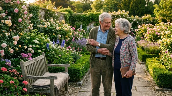 An elderly couple pausing beside a wooden garden bench surrounded by roses and flowering shrubs, one pointing toward distant blooms while the other smiles warmly, soft