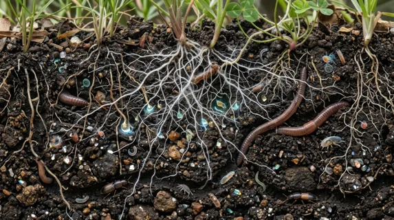 A cross-section of rich layered soil teeming with microscopic life, fungal mycelium networks stretching like white fiber-optic cables between plant roots, earthworms