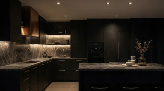 A dark-toned modern kitchen featuring black cabinetry, metallic fixtures, and subtle ambient lighting creating a moody elegant atmosphere, marble countertop with fine