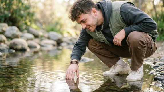 an intimate detail shot of the influencer's expression as he interacts with reflections in the shallow water, showcasing his trendy streetwear that embodies unique style