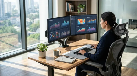 Modern office desk with dual monitors displaying abstract charts and graphs, ergonomic chair, minimal decor with a small plant and notebook, sunlight entering through large windows creating geometric