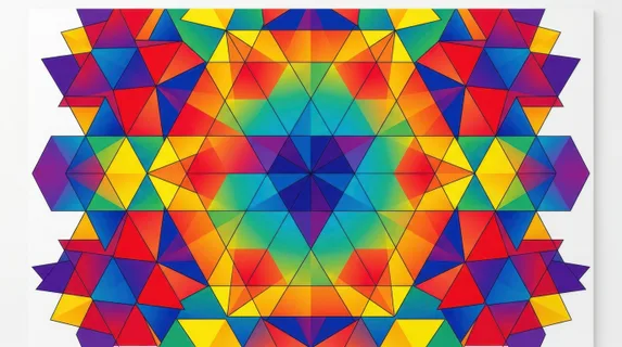 Vibrant geometric rainbow pattern composed of overlapping triangles and hexagons in bold primary and secondary colors, creating a dynamic tessellation across a flat