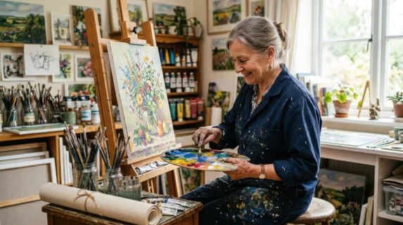 Senior artist seated at easel in bright home studio surrounded by canvas works, mixing vibrant acrylic colors on palette with purpose and precision, shelves of art