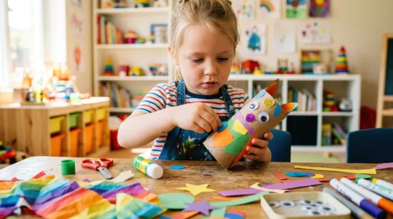 Young child carefully gluing colorful paper shapes and googly eyes onto a cardboard tube, transforming it into a whimsical creature character, surrounded by scattered