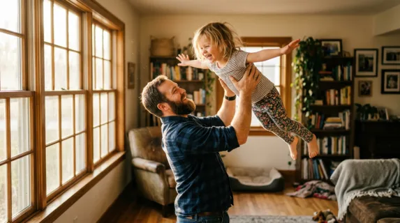 Warm afternoon sunlight filtering through a living room window as a bearded father lifts his young child overhead, both laughing with genuine joy, child's arms spread