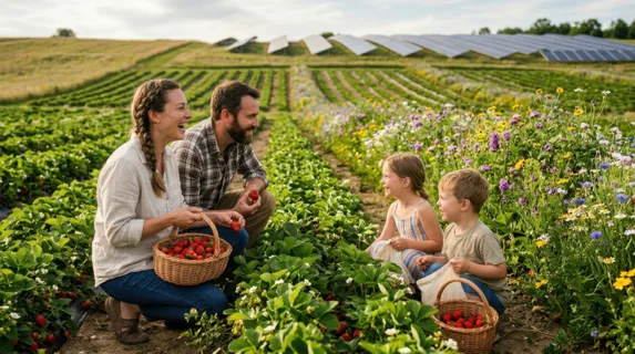 a distinct side profile view of a family, gathered together in laughter as they fill their baskets with strawberries, the vibrant blooms framing the scene. an overhead
