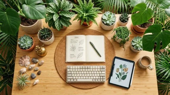 Aerial view of workspace on a light bamboo desk surrounded by lush green tropical plants, succulents in ceramic pots, open notebook with pen, wireless keyboard, tablet