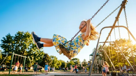 Bright golden sunlight streaming through metal chains as a child swings high into a cloudless blue sky, legs extended, hair and dress billowing upward, vintage wooden
