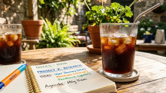 tight focus on the printed notes and iced americanos on the sunny patio table, emphasizing the condensation on the drinks and the vibrant colors of the notes. the warm