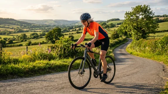 Active senior cyclist in bright athletic gear climbing a rolling countryside hill on a modern bicycle, face focused and determined, lush green landscape stretching behind