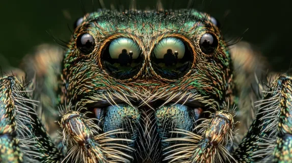 A macro photograph of a jumping spider's face filling the entire frame, eight eyes arranged in their characteristic pattern with the two enormous forward-facing primary