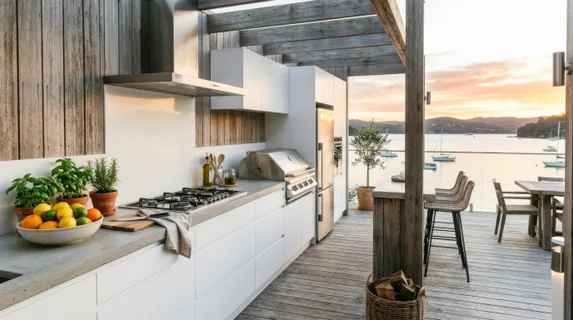 Modern outdoor kitchen workspace with waterfront view backdrop, minimalist design featuring white cabinetry, natural gas cooktop, weathered wood accents, stainless steel