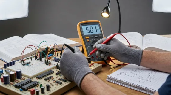 Adult learner testing voltage outputs with a multimeter on an electronics training board, careful measurement technique visible in steady hands, illuminated display