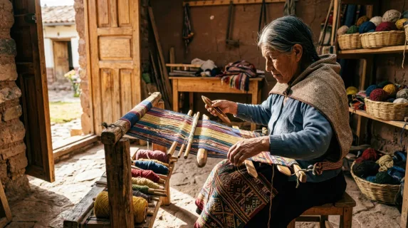 An elderly artisan's weathered hands carefully weaving traditional cloth on a wooden loom, intricate geometric patterns emerging in vibrant natural dyes, strong afternoon