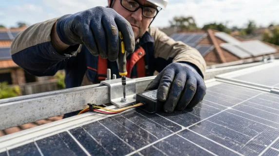 Experienced technician securing monitoring sensor to solar panel frame with specialized tools, extreme close-up of hands performing detailed electrical work, panel