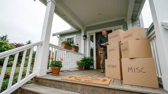 a candid low-angle shot of the builder on the porch, surrounded by neatly stacked moving boxes and a charming welcome mat, the light gray and white accents of the home