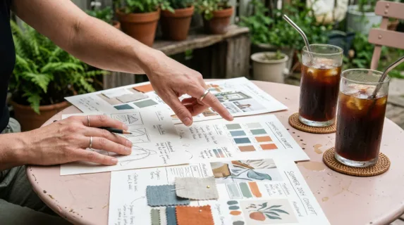 close-up shot of the designers hands gesturing over a design mockup spread on the patio table, with iced americanos prominently sweating beside them. the focus is tight