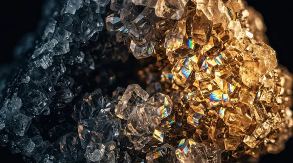 Macro world of crystallized sugar structures under dramatic raking light, translucent cubic and prismatic crystal formations clustered together like a miniature mineral