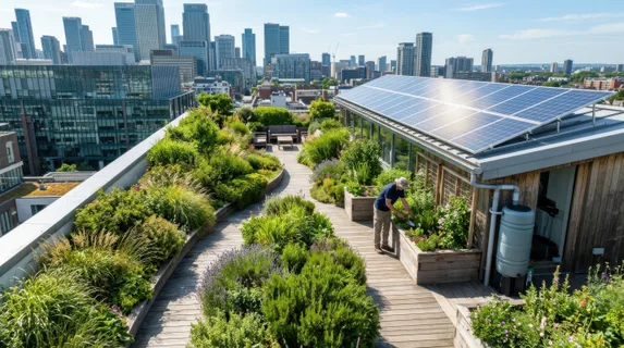 Modern rooftop garden with lush green plants, solar panels gleaming in sunlight, wooden decking pathways winding through vegetation, city skyline visible beyond, person