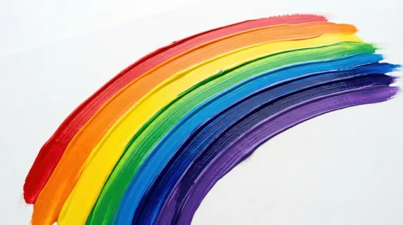 Vibrant rainbow paint stripes sweeping diagonally across a white canvas surface, each color band red, orange, yellow, green, blue, indigo, violet rendered with rich