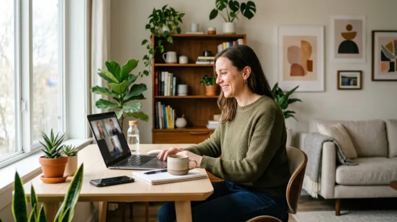 Remote worker video conferencing on laptop in a modern minimalist living room, wearing casual comfortable clothing, desk organized with small plants and personal items,