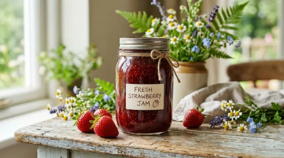 a tight focus on the jam jar filled with fresh strawberries showcases rich details and textures, set against a weathered wooden table with soft greenery and delicate