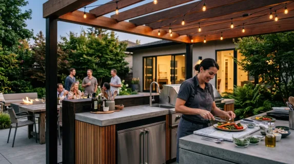 Contemporary backyard cooking station featuring concrete countertops, integrated refrigeration, wooden ceiling pergola with ambient string lighting overhead, chef plating