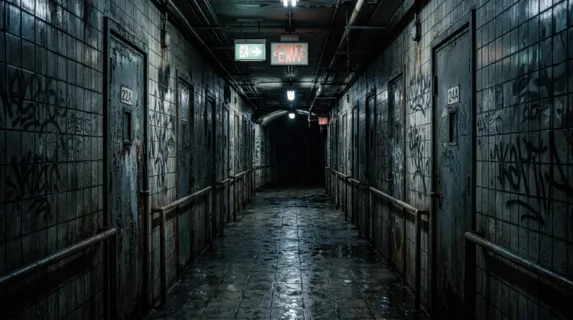 Underground train station corridor with rows of closed doors, emergency exit signs glowing softly, water droplets on grimy tiles catching minimal light, graffiti marks on