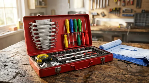 Colorful tools arranged in neat rows inside an open red toolbox screwdrivers, wrenches, socket set, tape measure sitting on rough wooden workbench next to blueprint