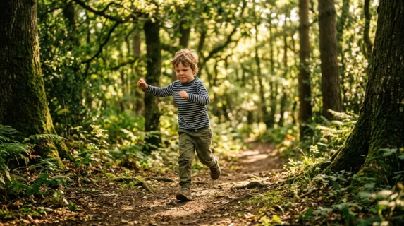 Small child running through a sun-dappled forest path surrounded by tall trees, dappled sunlight filtering through green canopy creating dynamic shadows on clothing and