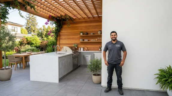 a modern outdoor living space is framed in a clean, frontal composition, showcasing a 28-year-old hispanic male contractor standing confidently beside a blank stucco wall