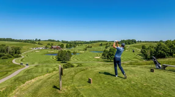 Overhead wide-angle view of golfer's follow-through stance on elevated tee box, club arcing through brilliant blue sky, lush green course sprawling across rolling