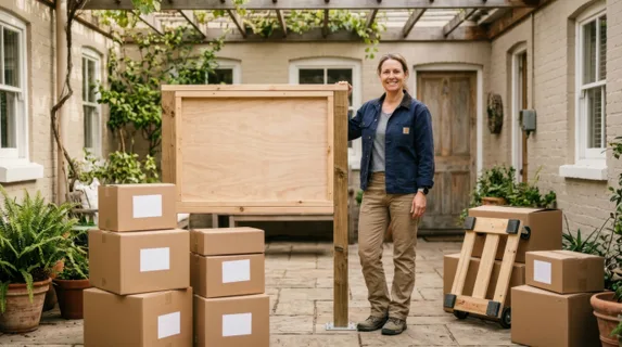 in a bright, inviting rental space, a 47-year-old caucasian female contractor stands next to a blank construction sign, framed in a frontal composition. the stylish patio