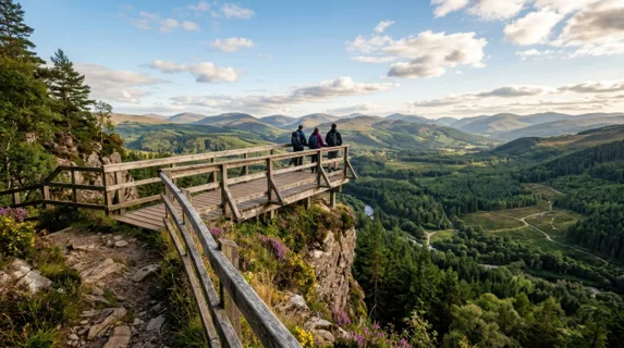 Elevated wooden observation platform jutting from cliff face overlooking dense forested valley, weathered railings in foreground, hikers silhouetted against expansive sky